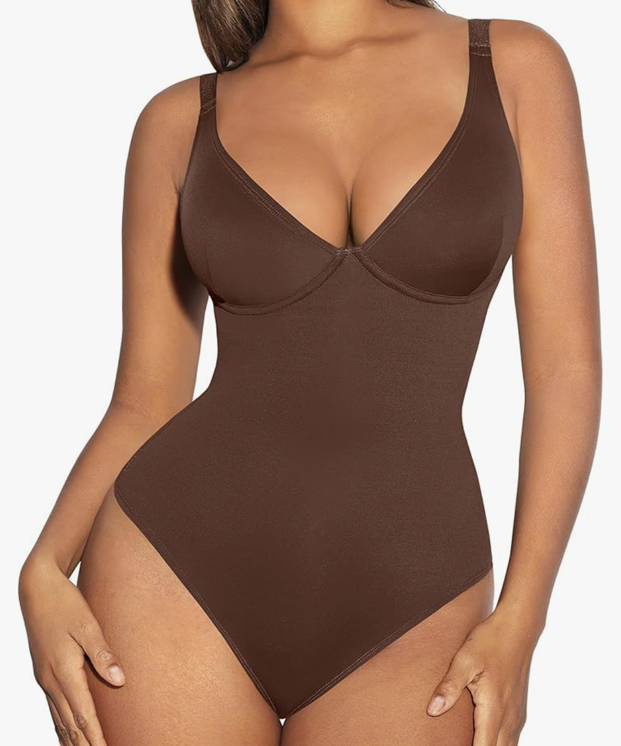 FeelinGirl Shapewear Bodysuits for Women Tummy Control Body Suits Deep V Neck Thong Body Shaper, M