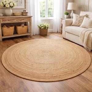 Savi Home Jute Area Rug Handwoven - 8 feet Round Natural - Rustic Vintage Beige Braided Reversible Rug- Eco Friendly Rugs for Farmhouse, Bedroom, Kitchen, Living Room