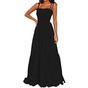 kinstell Women's 2025 Summer Casual Boho Sleeveless Spaghetti Strap Smocked Square Neck Ruffle A Line Beach Long Maxi Dress Large