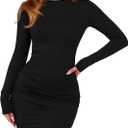 BTFBM Fall Dresses for Women 2025 Fashion Long Sleeve Boat Neck Slim Fit Party Club Short Tight Basic Bodycon Mini Dress (Medium, Black)