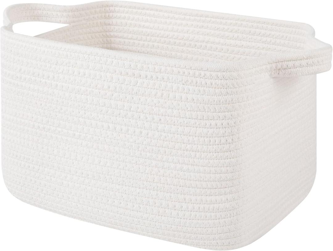 OIAHOMY Woven Storage Basket for Shelves, Rectangle Cotton Rope Baskets for Organizing, 13 x 10 x 9 in, Storage Bins for Dog Toys,Towel,Books,Gift, White