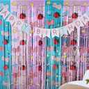 Pink Bow Birthday Decorations | 3.3x6.6ft Tinsel Fringe Backdrop with Banner 3 Pack Party Supplies for Girls Theme Party | Blue & Pink Foil Streamers