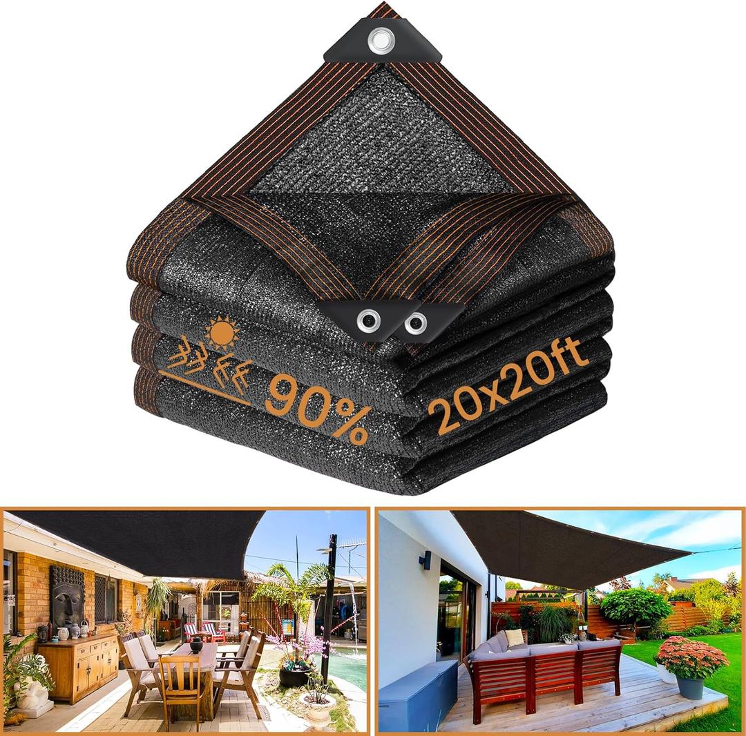 Riare 90% Black Shade Cloth- 20 FT Sunblock Garden Shade Cloth, Sun Shade Mesh Tarp with Reinforced Grommets for Greenhouse, Garden, Patio, Backyard, Plants, Pergola, Chicken Coop