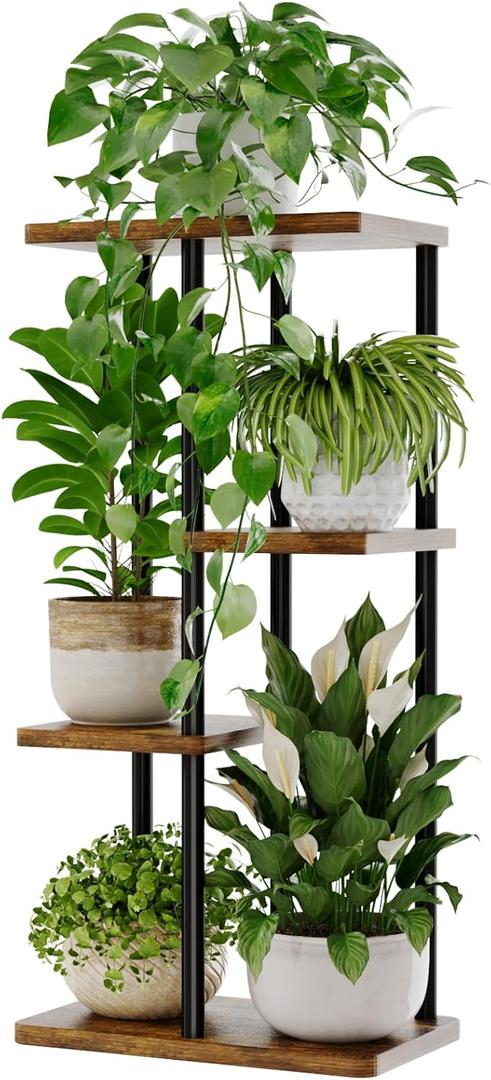 Bamworld Plant Stand Indoor, Corner 4 Tier Metal Plant Shelf for Multiple Plants, Tiered Flower Pot Stands for Patio Garden Balcony Living Room Bedroom, Brown