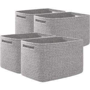 OIAHOMY 4 Pack Storage Baskets for Organizing, Cube Storage Bins for Shelves, Rectangle Storage Baskets With Handles, Woven Baskets for Storage, 16''Lx12''Wx8''H, Grey