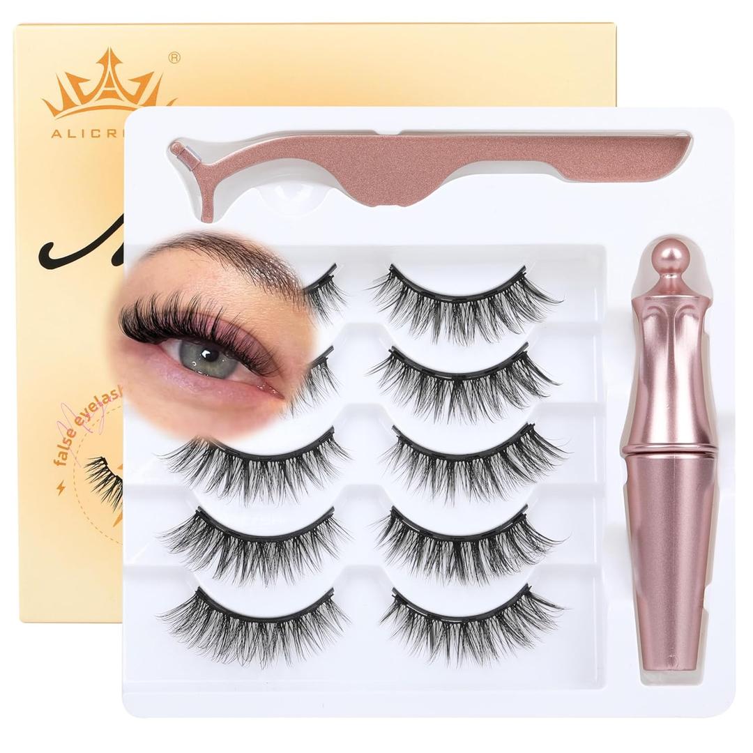 Magnetic Eyelashes with Eyeliner Natural Look Magnetic Lashes with Applicator No Glue Needed Cat Eye Lash Wispy Magnet Lash 5 Pairs with Magnet Eyeliner