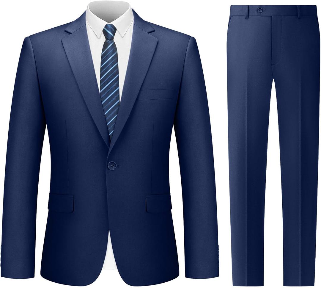 Cooper & Nelson Men's Suit 2 Piece Set, One Button Slim Fit Tuxedo with Jacket Pants Tie for Wedding, Business, Prom (Blue, S)