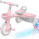 SEREED Colorful Lighting Toddler Tricycle for 2-5 Years Old Girls, Adjustable Seat&Handlebar Trike, Removable Basket, Birthday Gift Idea for Kids Ages 2+ (Pink)