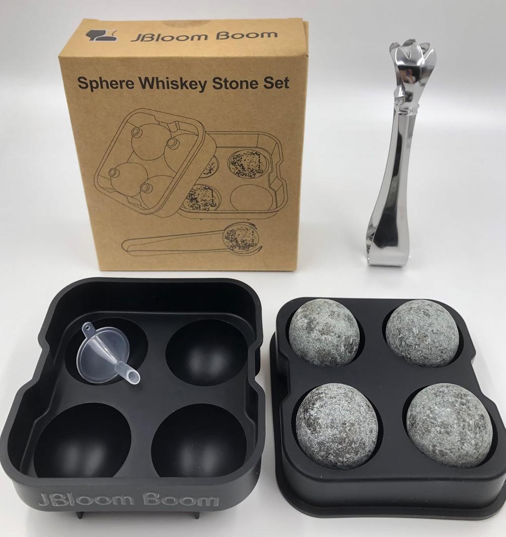 Whiskey Stones Set Include 4 Large Sphere Granite Whiskey Rocks + Silicone Ice Cube Tray + Stainless Steel Tong. Large and Reusable Whiskey Stone Could chill Your Whiskey & Beverage Longer