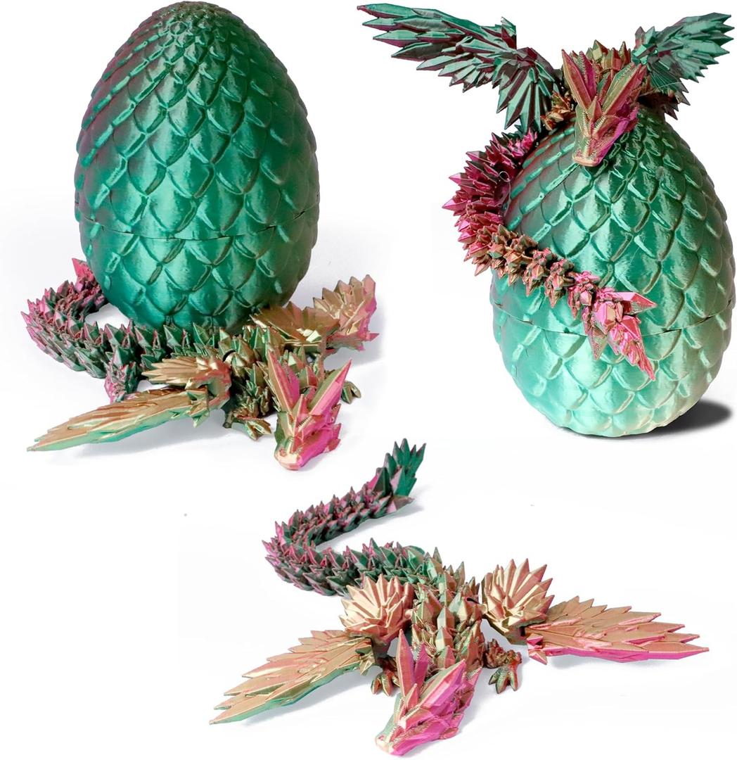 3D Printed Flying Dragon in Egg - Dino Egg with 9" Winged Dragon Inside, Colorful Fidget Toy, Birthday Gift, Flexible Desk Pet Figure, Mystery Dinosaur Eggs (Green Fuchsia Gold)