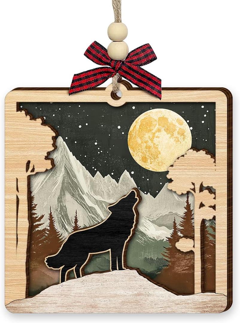 7 x Wolf Christmas Ornament 2025, Woodland Animal Ornaments for Tree - Howling Wolf Gifts for Men, Women, Spiritual Gifts for Family, Friends, Animal Lovers - Layered Wooden Hanging Decor