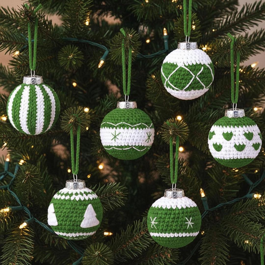 6 Pcs Green Crochet Christmas Balls Ornaments 2.76" Stable Rustic Sweater Ball Ornaments for Christmas Tree Knitted Farmhouse Xmas Hanging Decorations Party Gifts