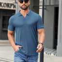 COOFANDY Men's Ribbed Polo Shirts Short Sleeve V Neck Slim Fit Polo T-Shirt Casual Summer Collared Golf Shirt (Blue)
