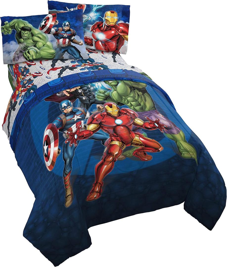 Marvel Avengers Blue Circle 5 Piece Full Bed Set  Includes Reversible Comforter & Sheet Set  Bedding Features Captain America & Iron Man  Fade Resistant Microfiber (Official Marvel Product)