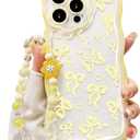 Lovmooful Compatible for iPhone 15 Pro Max Case Clear Cute Bowknot Wave Border Design with Flower Bow Chain for Girls Women Soft TPU Shockproof Protective Girly for iPhone 15 Pro Max-Yellow