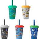 REDUCE GoGo's Kids Portable Tumbler Cups with Lids and Spill-Proof Straws - 5 Pack of Stackable 12 oz Tumblers with Twist-On Lids - Easy Storage, Dishwasher Safe - New Explorer