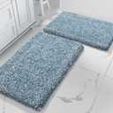 Yimobra Bathroom Rug Set 2 Piece, Soft Absorbent Microfiber Bath Mat Set, Non Slip Machine Washable Dry, Plush Shaggy Shower Rugs for Bathroom Floor, 32"x20"+24"x17", Denim Blue and White