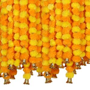 Marubhumi 5 PC 4.5 Feet Long Strands Artificial Marigold Flowers with Bell Garland for Diwali Decor, Garland for Decoration, Diwali Decorations for Home, Christmas Decor Wedding Decor (Yellow/Mango)