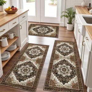 Tritard 100% Non Slip Kitchen Rugs Sets of 3 Washable Boho Kitchen Mats for Floor Vintage Farmhouse Kitchen Rug Soft Runner Rug for Hallway, Laundry Room, Indoor Entryway, Brown (20"x32"+20"x48"+20"x59")