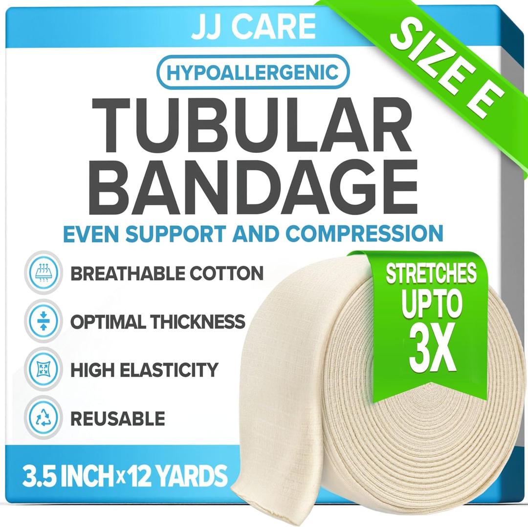 JJ CARE Tubular Bandage, 3.5 x 12 Yards Stockinette Tubing for Ankles and Knees, Tubi Grip Size E Reusable Elastic Bandage Sleeve, Compression Tubes for Knees and Calf, Rubber Latex w/Cotton
