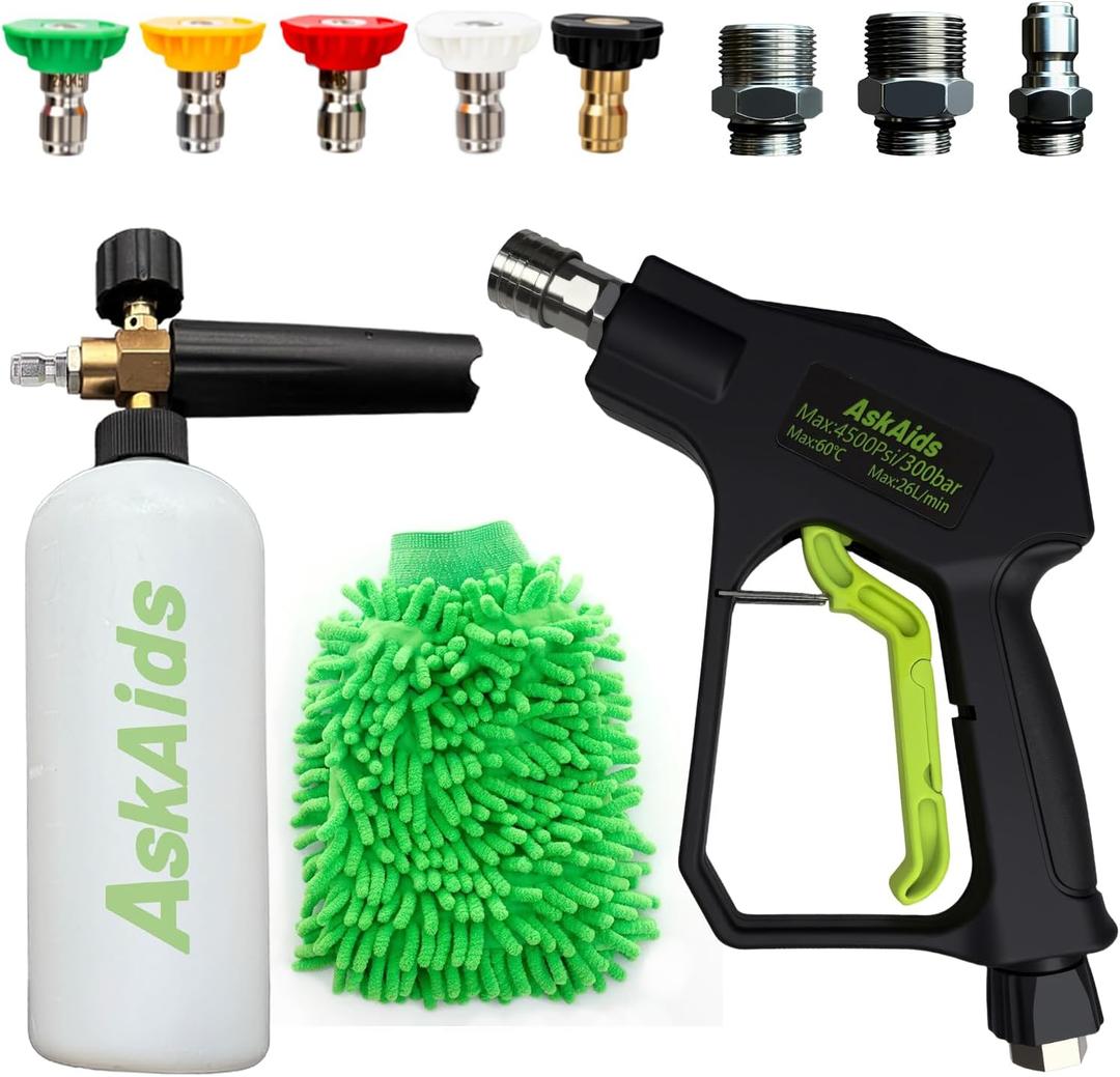 Short Pressure Washer Gun with Foam Cannon,High Pressure Wash Foam Gun with 1/4 Inch Quick Connector,5 Pressure Washer Nozzle Tip