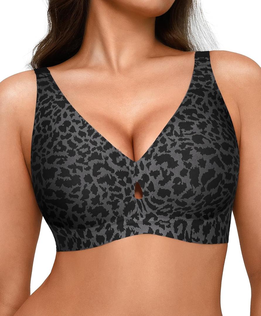 Popilush Push Up Bra No Underwire Wireless Seamless Bralettes with Support Comfortable Minimizer Bras for Women (Large, Leopard Black)