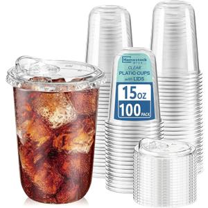 Homestockplus 15 oz Clear Plastic Cups with Lids (100 Pack) - Strawless Sip Lids, Leak-Proof & BPA-Free Iced Coffee Cups - Disposable Cold Drink Cups for Smoothies, Milkshake, Parties, Events