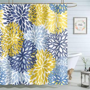 Blue Yellow Chrysanthemum Flower Shower Curtains Bathroom Curtain Waterproof with Hooks 72x72 Inch for Men Women Boys Girls