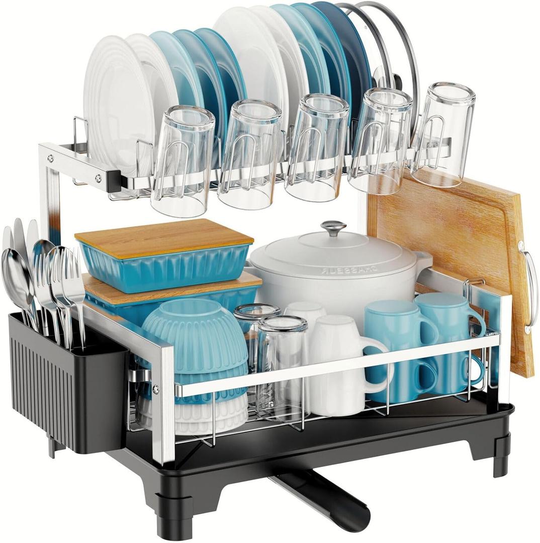 GSlife Dish Drying Rack for Kitchen Counter - Stainless Steel 2 Tier Dish Drainer with Cutting Board, Cup Holder and Utensil Holder, Auto Drain, 21" L x 12.6" W x 15.1" H, Silver