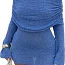 Unybwonn Women's Off Shoulder Mini Short Dress Bodycon Long Sleeve Crochet Sexy Going Out Mesh Elegant Sweater Dresses (Blue, S)