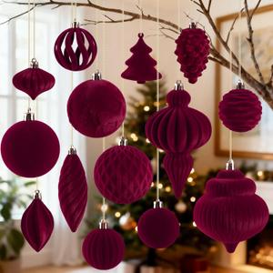 18Pcs Velvet Christmas Tree Ornaments Set, Wine Red Shatterproof Flocked Christmas Decorations Bulk for Tree, Burgundy Decorative Hanging Ball Ornaments for Xmas Holiday Home Party Decor (Burgy)