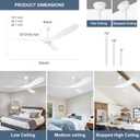 Solid Wood Ceiling Fans no Light, Ceiling Fan with Remote Control,DC Motor with Large Airflow,Indoor and Outdoor Ceiling Fan for Living Room,Bedroom,Patios（White,52 Inch）