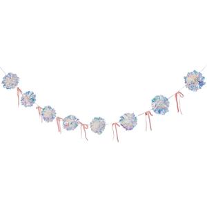 Iridescent Christmas Decorations, Xmas Banner 1 Piece, Iridescent Pompom Garland with Pink Bows, Shimmering Mantel Garland for Christmas Tree, Fireplace, Holiday Party Decorations
