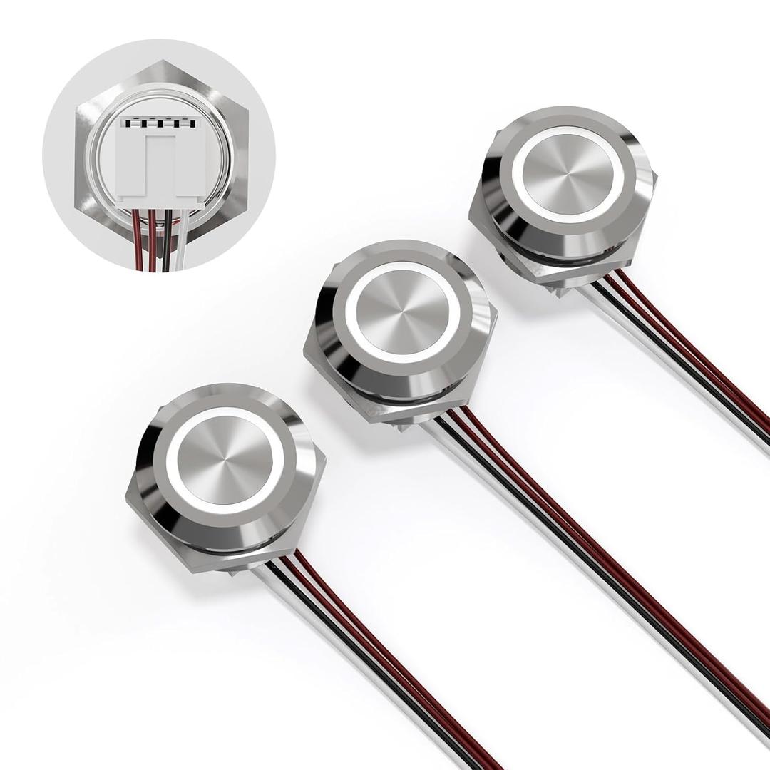 3PCS 12mm Momentary Push Button Switch 12v Touch Power Button Ultra-Thin Switch IP67 Waterproof 5v to 24v with Plug-in Quick Connect Terminals White LED Illuminated（White Stainless Steel）