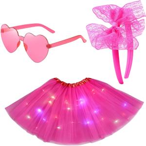Light-Up Tutu Women, Neon Pink Tutu Skirt, Glow in The Dark Tutu Outfit for Women Adults, Dance Performances, Themed Parties, Pink 3pcs Tutu Skirt Set with Hair Accessories and Glasses