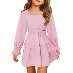 Haloumoning Girls Dresses Long Sleeve Square Neck Crossover Waist Casual A-Line Spring Fall Dress, Nude Pink, 7-8 Years
