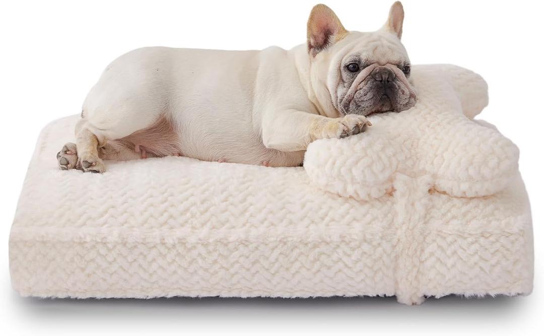 Soft Touch Faux Fur Dog Bed for Medium to Large Sized Dogs 8.5" Extra Thick, Orthopedic Pet Bed with Waterproof Liner and Washable Cover, with Removable Cute Pillow, Cream Color