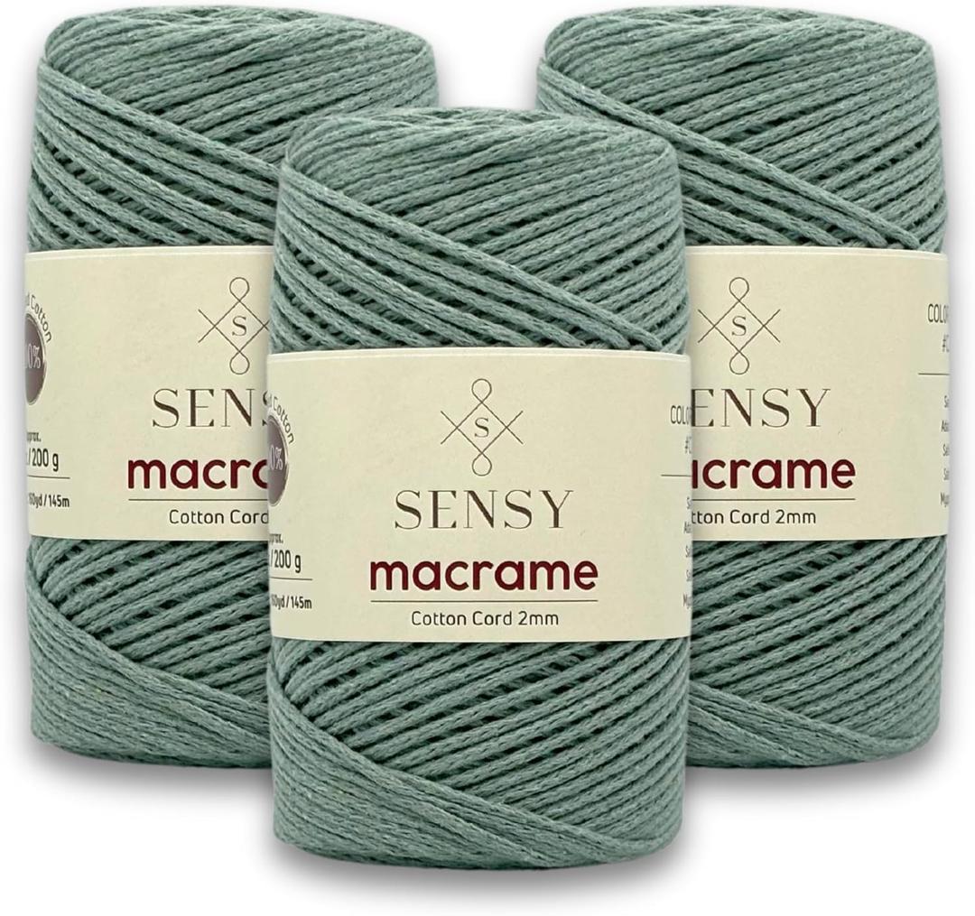 3 Skeins of Sensy Premium 2mm - 160 Yards 100% Recycled Cotton Macrame Cord Crochet Bag Cord Macrame Rope Crochet Thread (Sage)