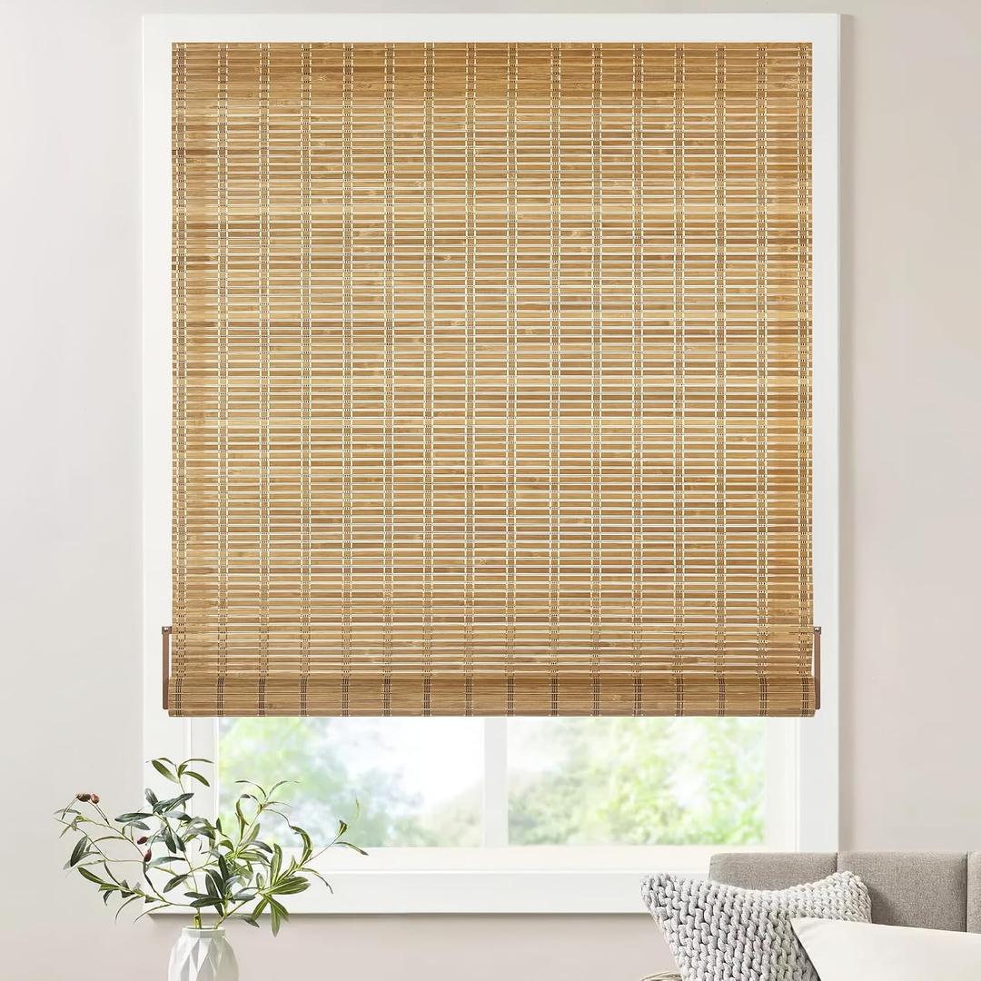 LazBlinds No Tools No Drill Bamboo Roller Shades, Cordless Bamboo Blinds, Light Filtering Roll Up Blinds for Windows, French Door, Porch or Patio Privacy Screen, 23'' W x 64'' H, Brown206