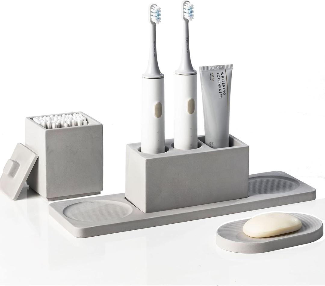 Bathroom Accessory Set Grey, Diatomite, Bathroom Accessories Countertop Complete with Electric Toothbrush Holders, Soap Dish Set
