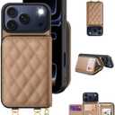 OCASE Compatible with iPhone 17 Pro Max Crossbody Wallet Case with Card Holder, PU Leather Zipper Handbag Phone Purse with RFID Blocking Kickstand Wrist Strap Lanyard 6.9 Inch, Diamond Check Khaki