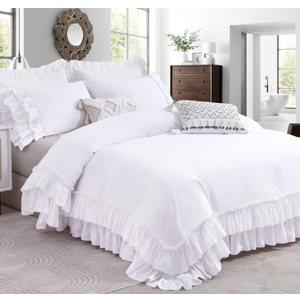 QSH Ruffle White Duvet Cover California King Size- Washed Cotton Shabby Farmhouse Chic Ruffled Bedding 3pcs(1 Soft Cotton Duvet Cover +2 Ruffle Pillowshams) Aesthetic French Country Calking Bed