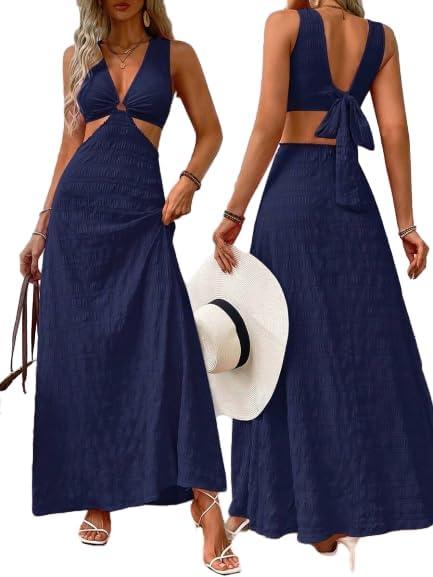 SKAYS Women's Summer Strap Texture Hollow Out Sleeveless Boho Maxi Flowy Casual Vacation Dress XL