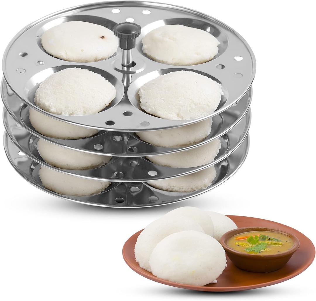 KSJONE Stainless Steel Idli Stand | 4-Plates Idli | Idli Preparation | Supreme Quality Food Grade Idli Stand | Makes 16 Idlis (Round Shape)