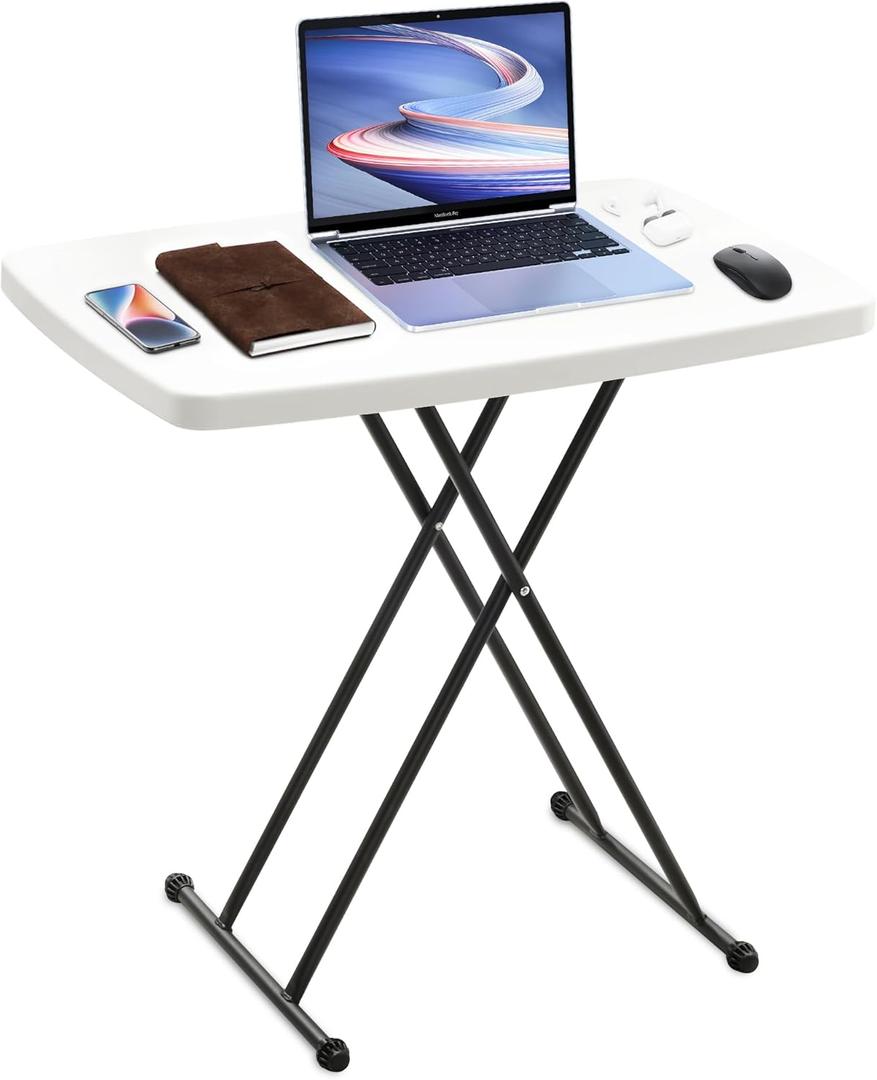 Bblife Plastic White Folding Tray Table, Heavy Duty Utility Table, 30 L x 19.5 W with 7.5"-29" Adjust Height, Portable Desk for Camping, Playing Cards, Crafting by Home and Picnic of Outdoor