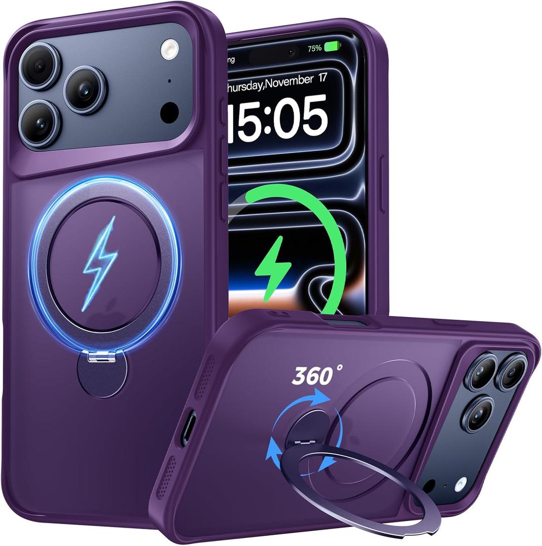 Compatible with iPhone 17 Pro Max Case, with 360 Magnetic Stand [Compatible with MagSafe] [Military Drop Protection] Shockproof Translucent Matte Case for 17 Pro Max 6.9", Purple