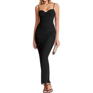 KUTUMAI Vintage Corset Long Formal Dress Lace Slit Back Bodycon Maxi Cocktail Wedding Guest Dresses for Women Elegant M Black