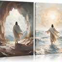 2Pcs Jesus Walking on Water Canvas Wall Art Christian Spiritual Faith Wall Decor Pictures Divine Light Modern Religious Posters Prints Paintings for Prayer Room Bedroom Living Room Decor 16x24 Inch