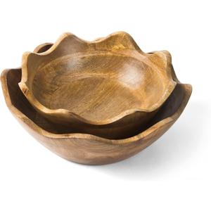 Mela Artisans Scalloped Decorative Wooden Bowls Set of 2 |12 Inch &10 Inch Mango Wood Fruit | Serving Bowls | Natural Grain Texture | Kitchen Counter | Snacks | Desserts | Bread | Handcrafted Decor