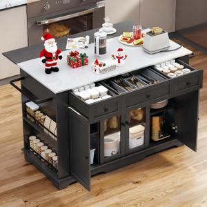 YITAHOME 60 Inch Kitchen Island with Drop Leaf, Mobile Stroage Islands with Stainless Steel Top, Rolling Island Table with Power Outlet, Adjustable Shelves, Spice Rack, Towel Rack for Kitchen, Black